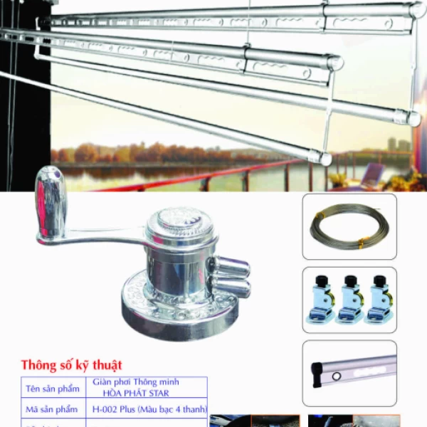 Giàn Phơi Gắn Trần Hòa Phát H-002 PLUS MÀU BẠC 4 THANH