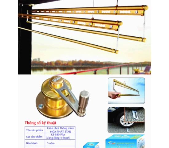 Giàn Phơi Gắn Trần Hòa Phát KS-980 PLUS VÀNG ĐỒNG 4 THANH