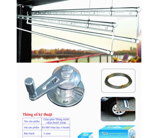 Giàn Phơi Gắn Trần Hòa Phát KS-980 MÀU BẠC 4 THANH
