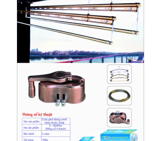 Giàn Phơi Gắn Trần Hòa Phát S-900 PLUS ĐỒNG CỔ 4 THANH