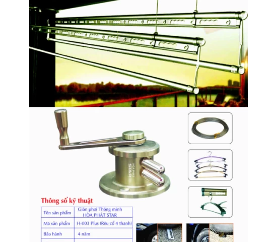 Giàn Phơi Gắn Trần Hòa Phát H-003 PLUS RÊU CỔ 4 THANH