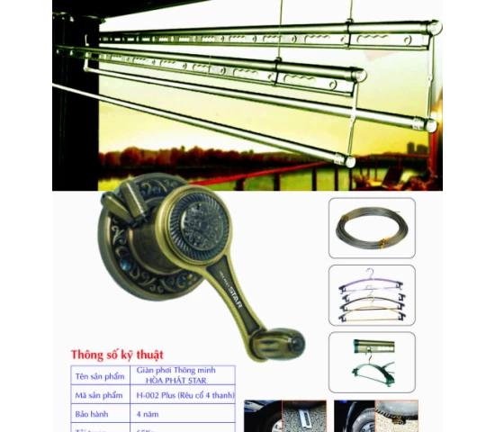 Giàn Phơi Gắn Trần Hòa Phát H-002 PLUS RÊU CỔ 4 THANH